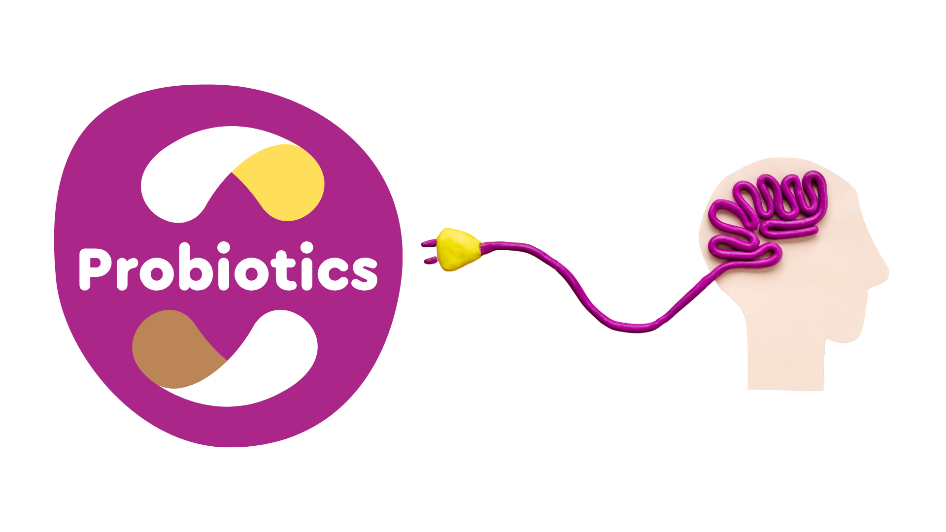 A human brain illustration connected to gut bacteria, symbolizing the link between probiotics and mental health.